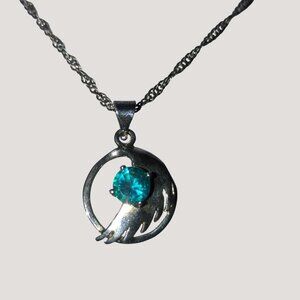 Sterling Silver 925 Necklace Angel Wing Pendant Teal Blue Crystal Rhinestone